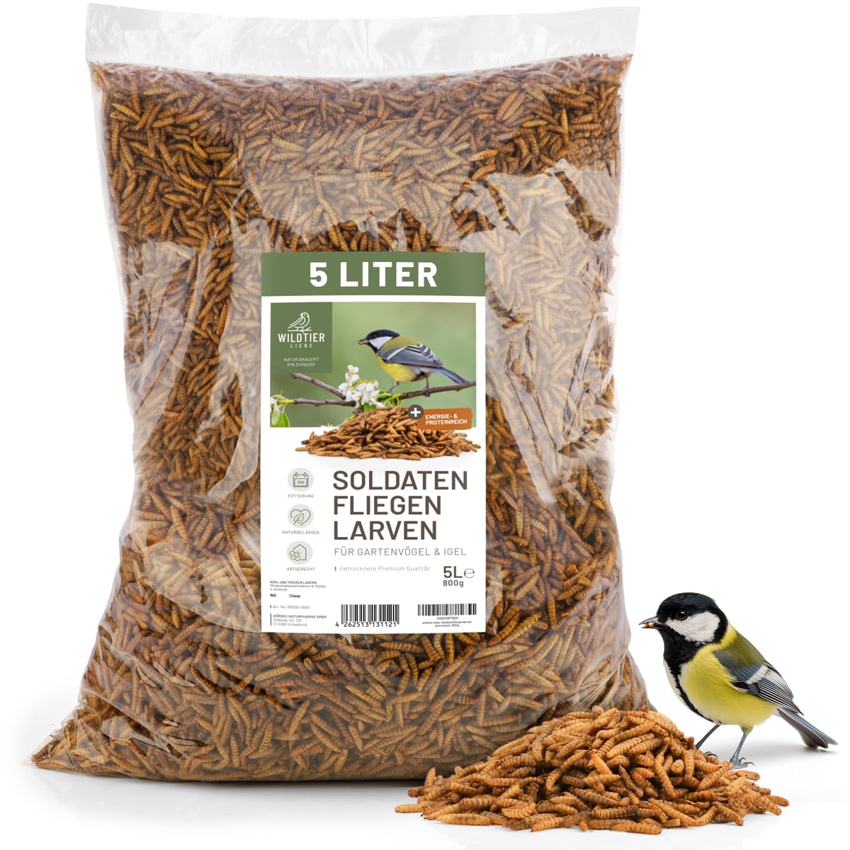 wildtier liebe Larves de mouches soldats séchées 5 l I Larves de mouches soldats séchées pour oiseaux et hérissons I Nourriture riche en protéines pour oiseaux sauvages pour l'alimentation toute