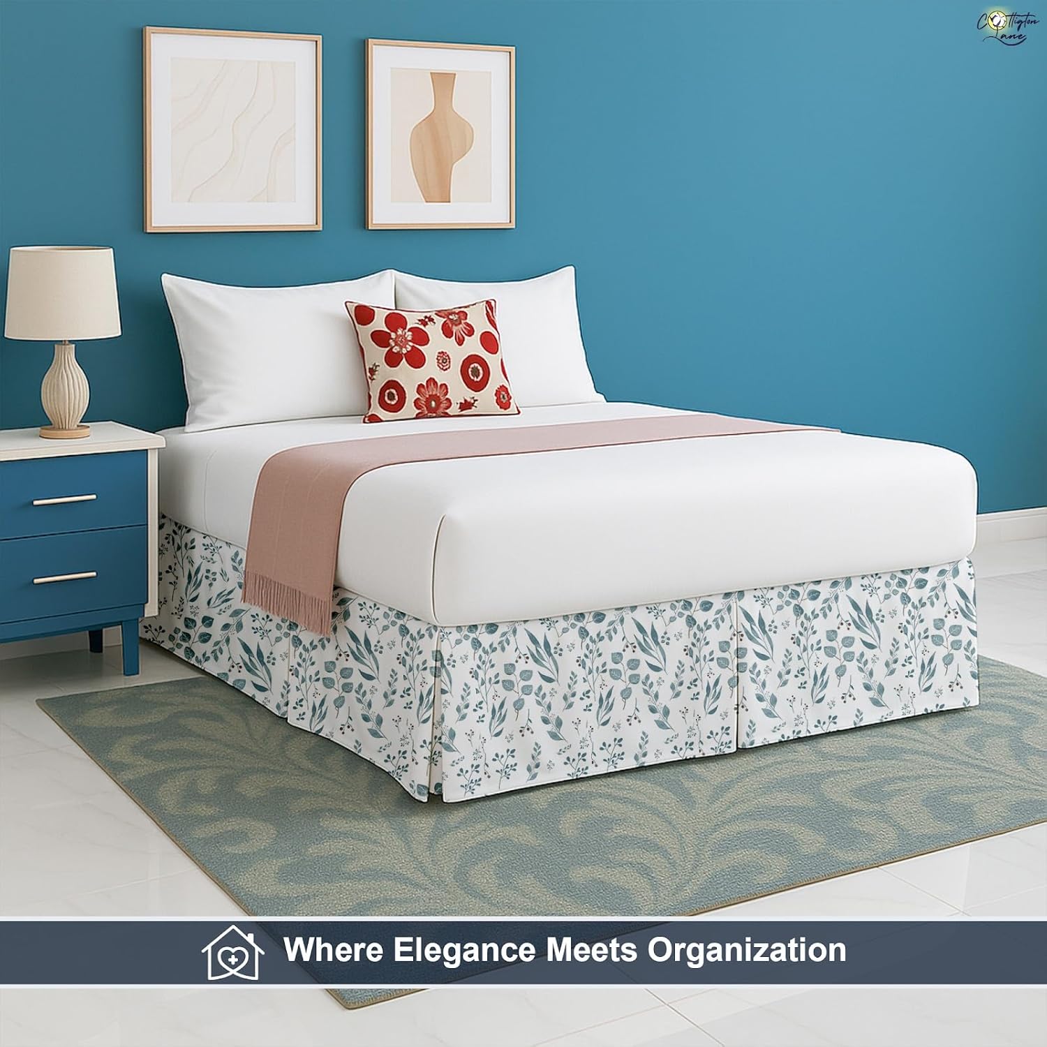 Cottington Lane Luxury Pleated Bed Skirt Queen Size 14 Inch Drop Split Corners, Hotel Luxury 1800 Ultra-Soft Tailored Drop Box Pleated Styling Dust Ruffle, Classic & Clean Look, Tranquil Green Petals