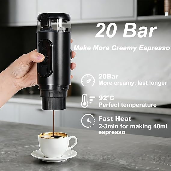 Portable Electric Espresso Machine Travel Coffee Maker 20 bar Mini Espresso Self-Heating Car Coffee Maker Compatible with Ground Coffee & NS Capsule for Camping RV Hiking Offic, Black