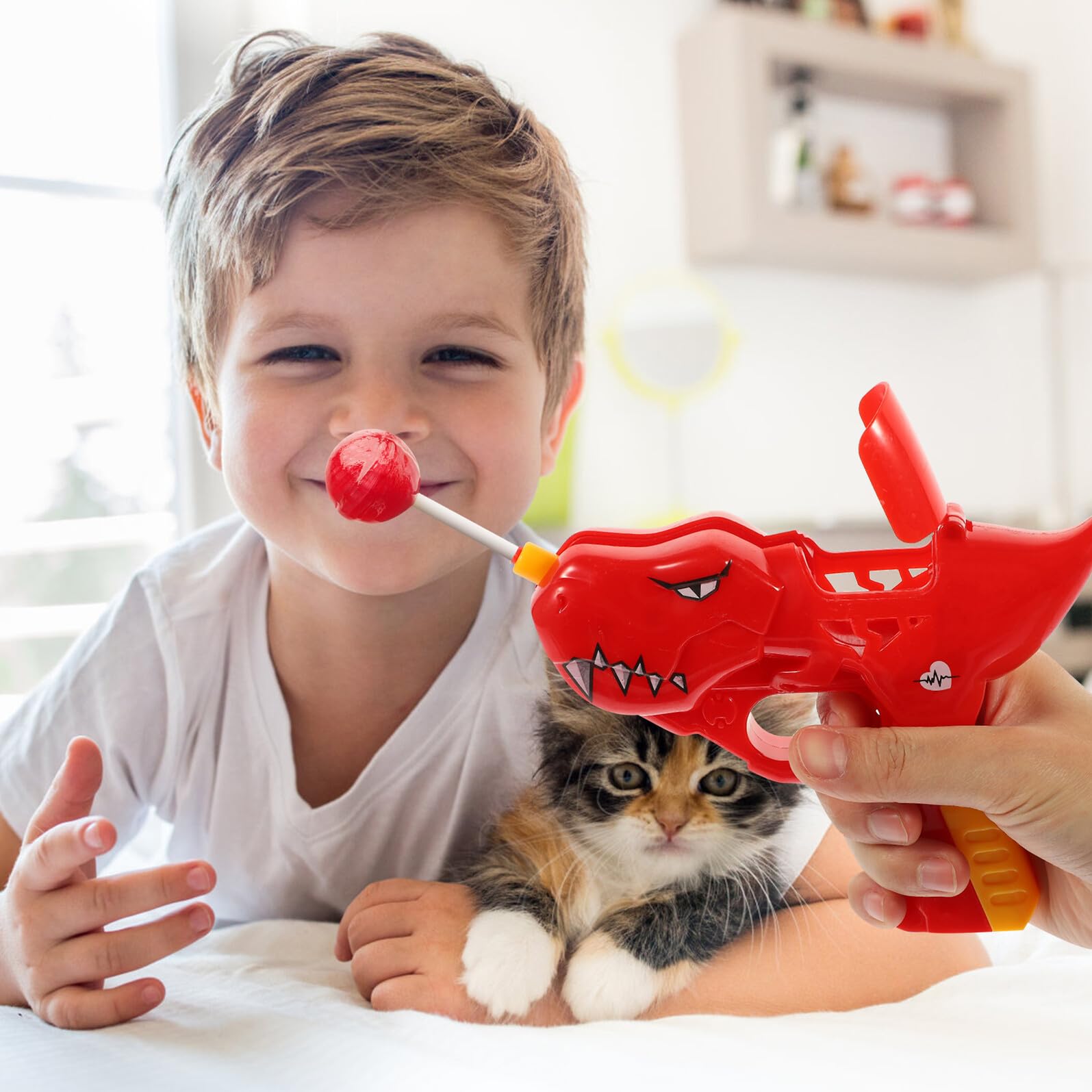 Giocattolo a Forma di Robot Dinosauro per Lecca-Lecca, 2 Unitá, Plastico Rosso, Apertura Bocca e Spazio per Conservare Lecca-Lecca, per Feste di Compleanno Ragazzo Ragazza