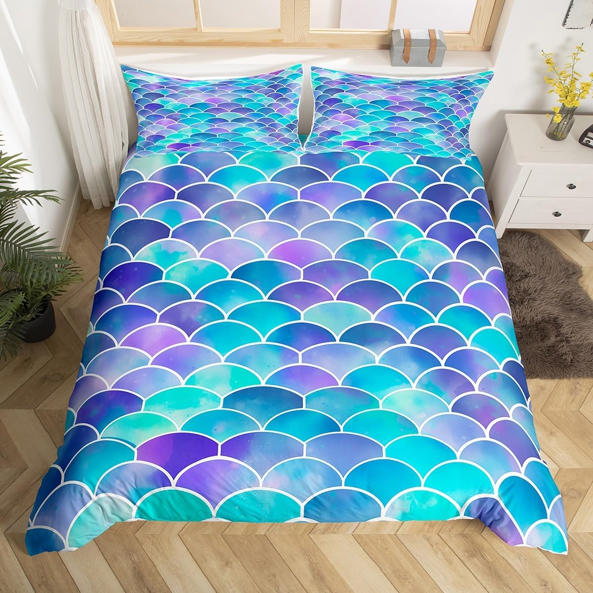 Juego de funda de edredón con escamas de pez de sirena, funda de edredón de escamas de pez azul, tamaño Queen para niños y niñas, habitación