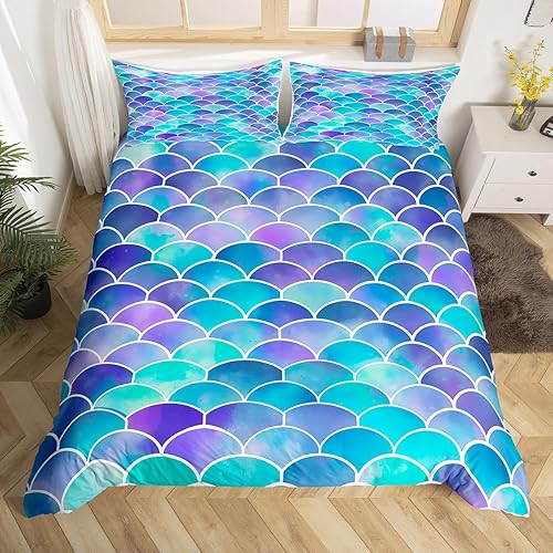 Juego de funda de edredón con escamas de pez de sirena, funda de edredón de escamas de pez azul, tamaño Queen para niños y niñas, habitación