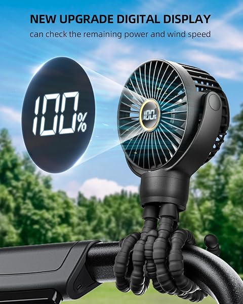KIDEE Portable Pram Fan, Small Rechargeable Clip On Fan with Digital Display, 2000mAh, 3 Speeds 360° Rotate Mini Cooling Fan for Stroller, Buggy, Car Seat, Crib & Travel - 2