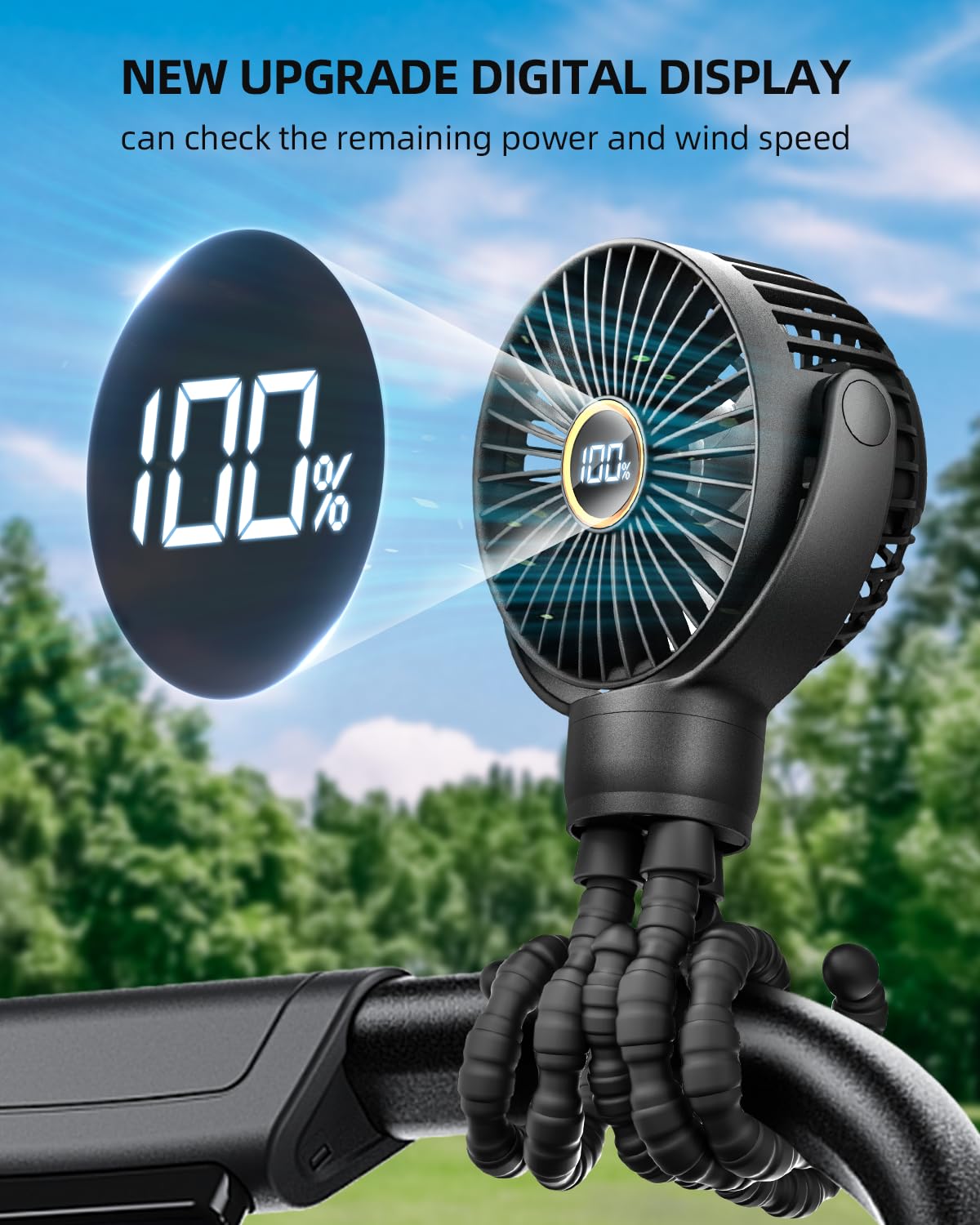 KIDEE Portable Pram Fan, Small Rechargeable Clip On Fan with Digital Display, 2000mAh, 3 Speeds 360° Rotate Mini Cooling Fan for Stroller, Buggy, Car Seat, Crib & Travel — view 2