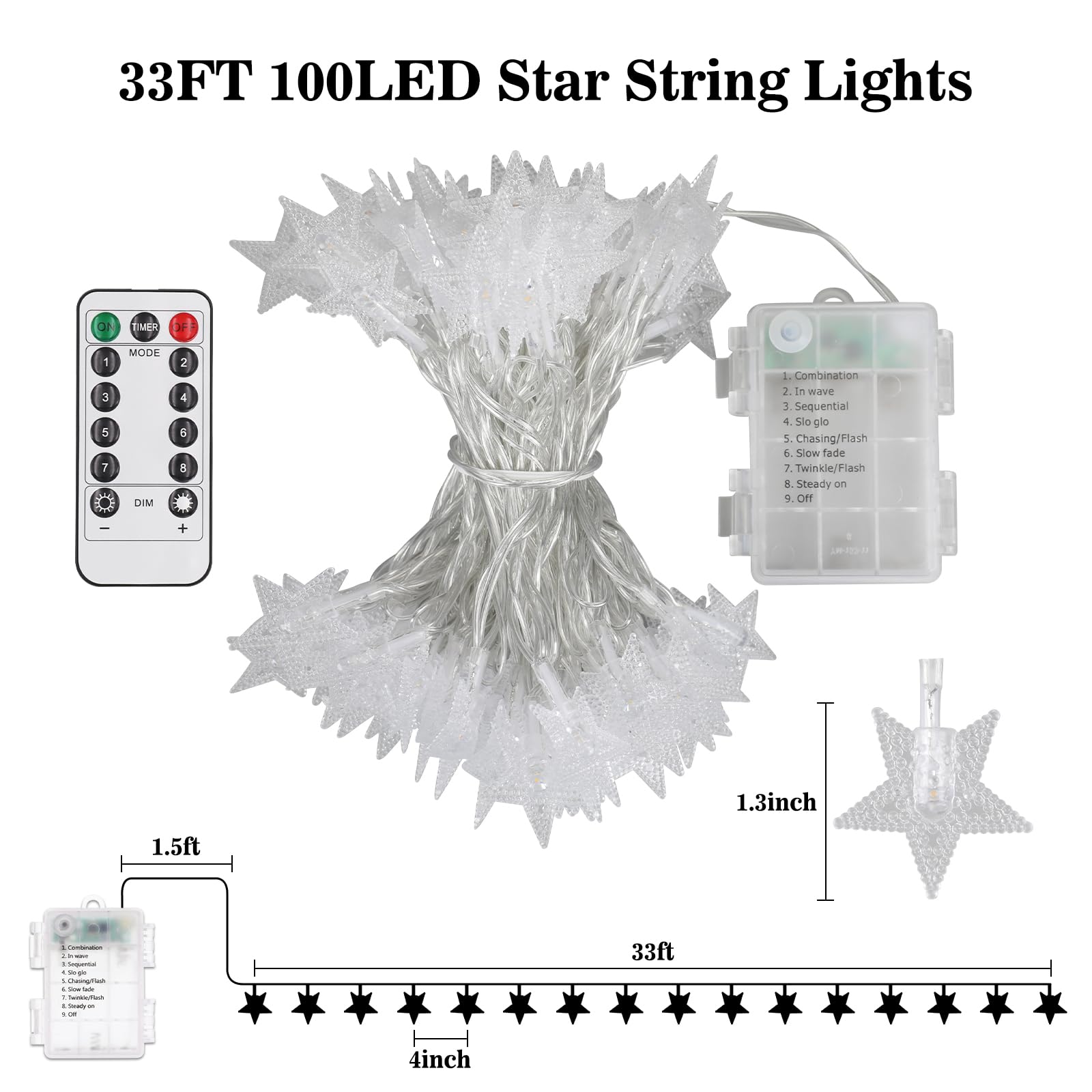 Łańcuch świetlny w kształcie gwiazd, 100 diod LED, 8 trybów, łańcuch świetlny z gwiazdami, zasilanie bateryjne, wodoodporne, do wewnątrz, na zewnątrz, do sypialni, na patio, imprezę, wesele, namiot