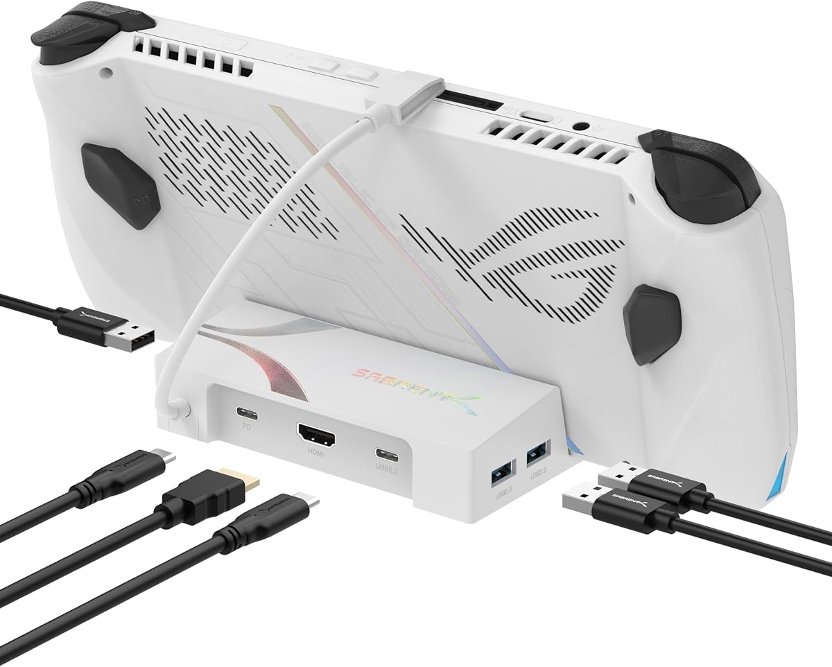 Sabren dockningsstation för Asus ROG Ally, 6-portars USB Type-C, 4K @60Hz HDMI, 5 Gbps USB-portar, strömförsörjning, kompakt design för spel (DS-RA6P)
