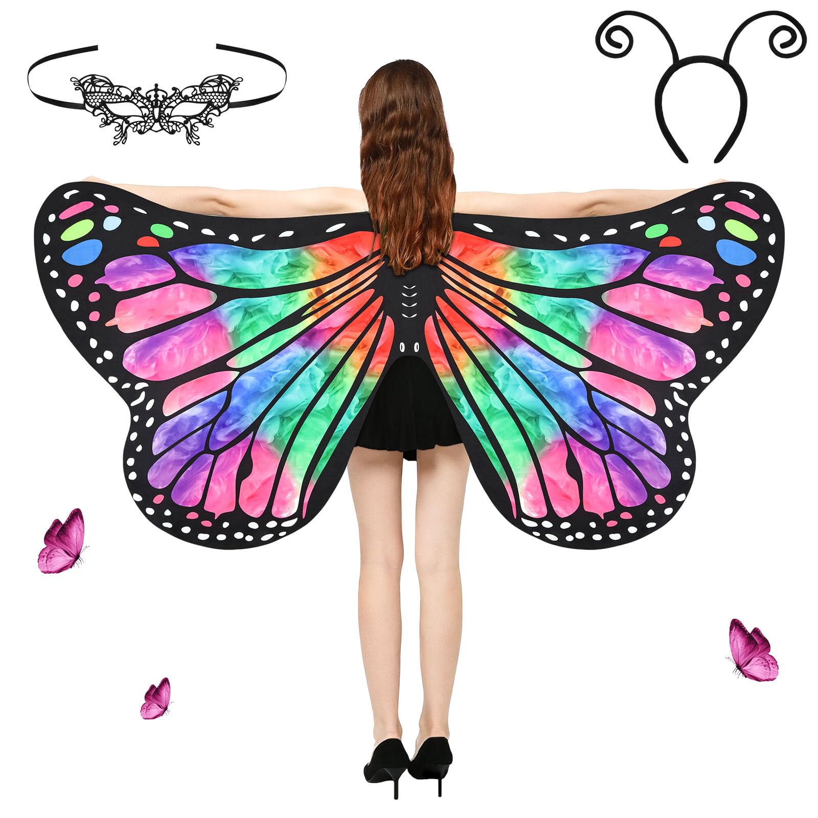 Aomig Womens Butterfly Wings Costume, Gradient Rose Red Green Butterfly Shawl Wings with Mask