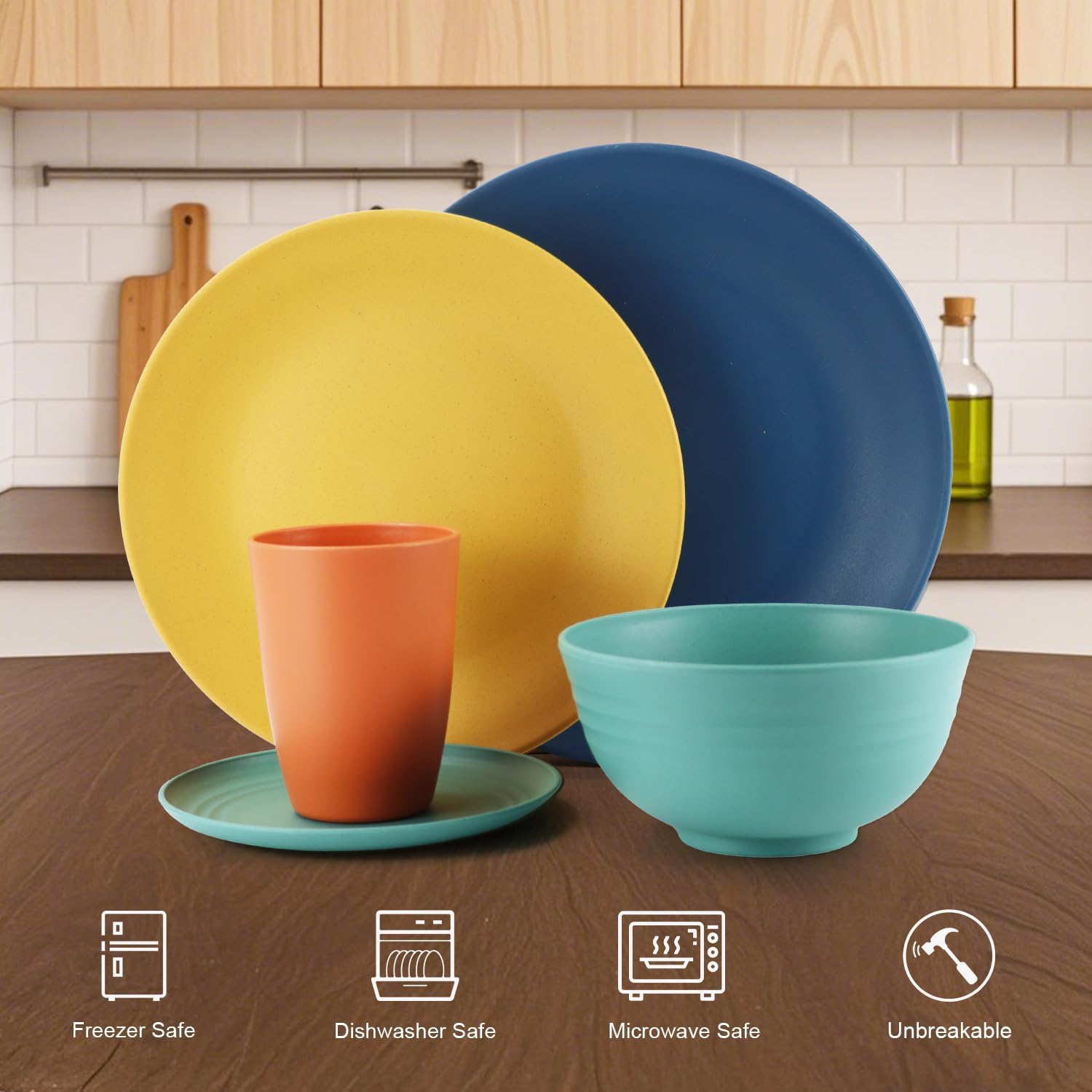 SINOGE Wheat Straw Dinnerware Sets, 40PCS Kids Dinner Plates and Cereal Bowls Set, Microwave and Dishwasher Safe Cups Set for 8, Lightweight Unbreakable Kitchen Dishes Dinnerware Sets- Multi