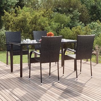 Garten Esstisch Set 5-teilig Schwarz Outdoor mit Glasplatte und Poly Rattan Sesseln, modernes Essgruppe fur Terrasse Garten Balkon, wetterfest stapelbar fur gemutliche Grillabende und Familienessen