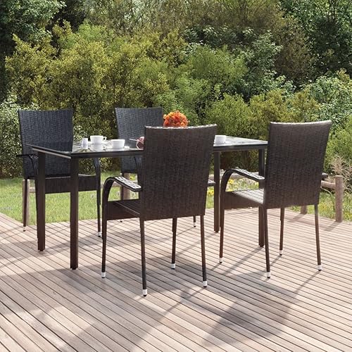 Garden Dining Set Black, 5-Piece Outdoor Patio Furniture with Tempered