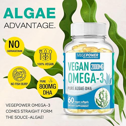 Miniatura 4 de Suplemento vegano Omega 3 DHA Aceite de algas, DHA a base de plantas, 800 mg, sin carragenina, reemplazo para aceite de pescado, apoya el corazón,