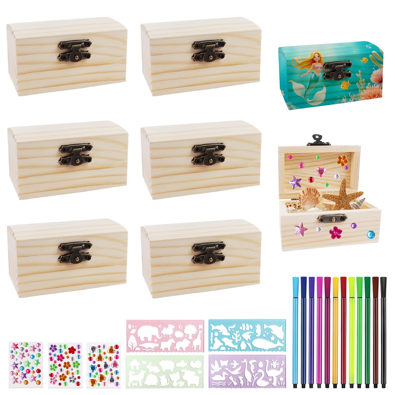 ANBOWEI Wooden Boxes for Craft, 6pcs Unfinished Small Treasure Chest with Hinged Lid for Craft Painting Treasure Hunt Kids Birthday Pirate Party with Diamond Stickers Watercolor Pens Stencils