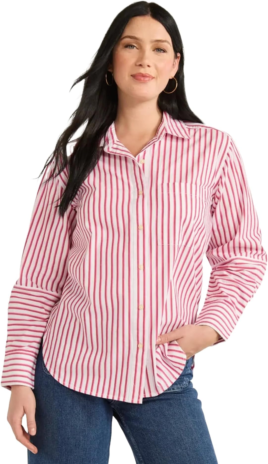Free Assembly Women's Button Front Boxy Cotton Tunic Shirt, Pink and White Striped, Long Sleeves, Size L