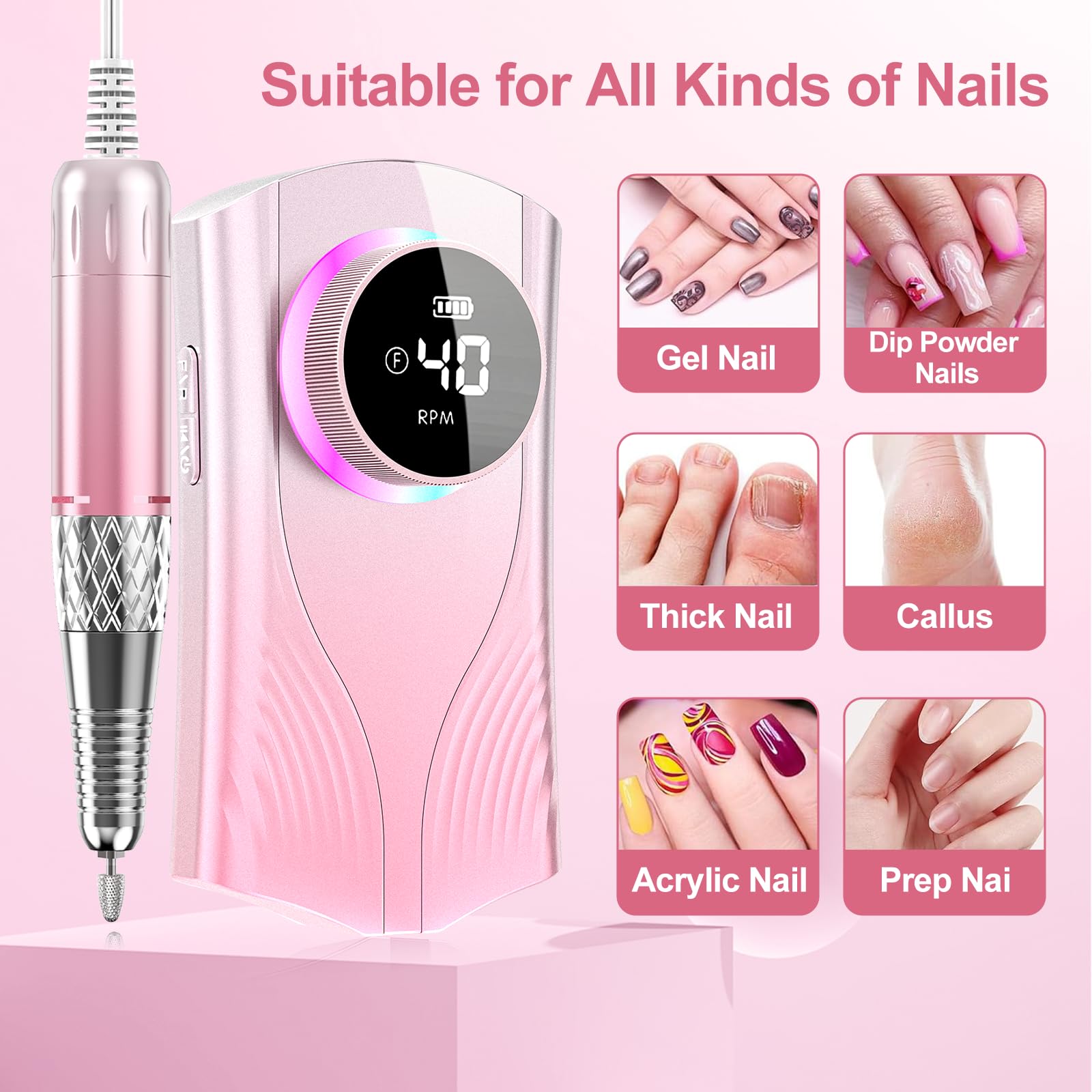 Professionelles elektrisches Nagelfräser-Set, kabellos und wiederaufladbar, inklusive Aufsätzen zum Polieren und Entfernen von Acryl- und Gel-Nagellack für den Heimgebrauch (Pink)