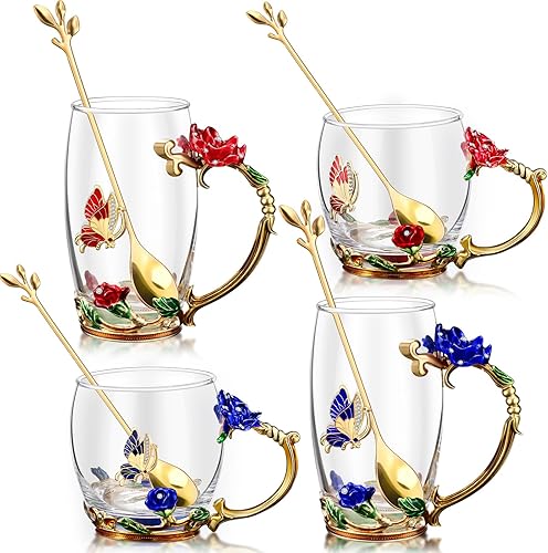 Miniatura 1 de Mimorou Juego de 4 tazas de té de cristal de mariposa para regalos de Navidad, taza de té con cuchara, tazas de vidrio para madres y mujeres, tazas