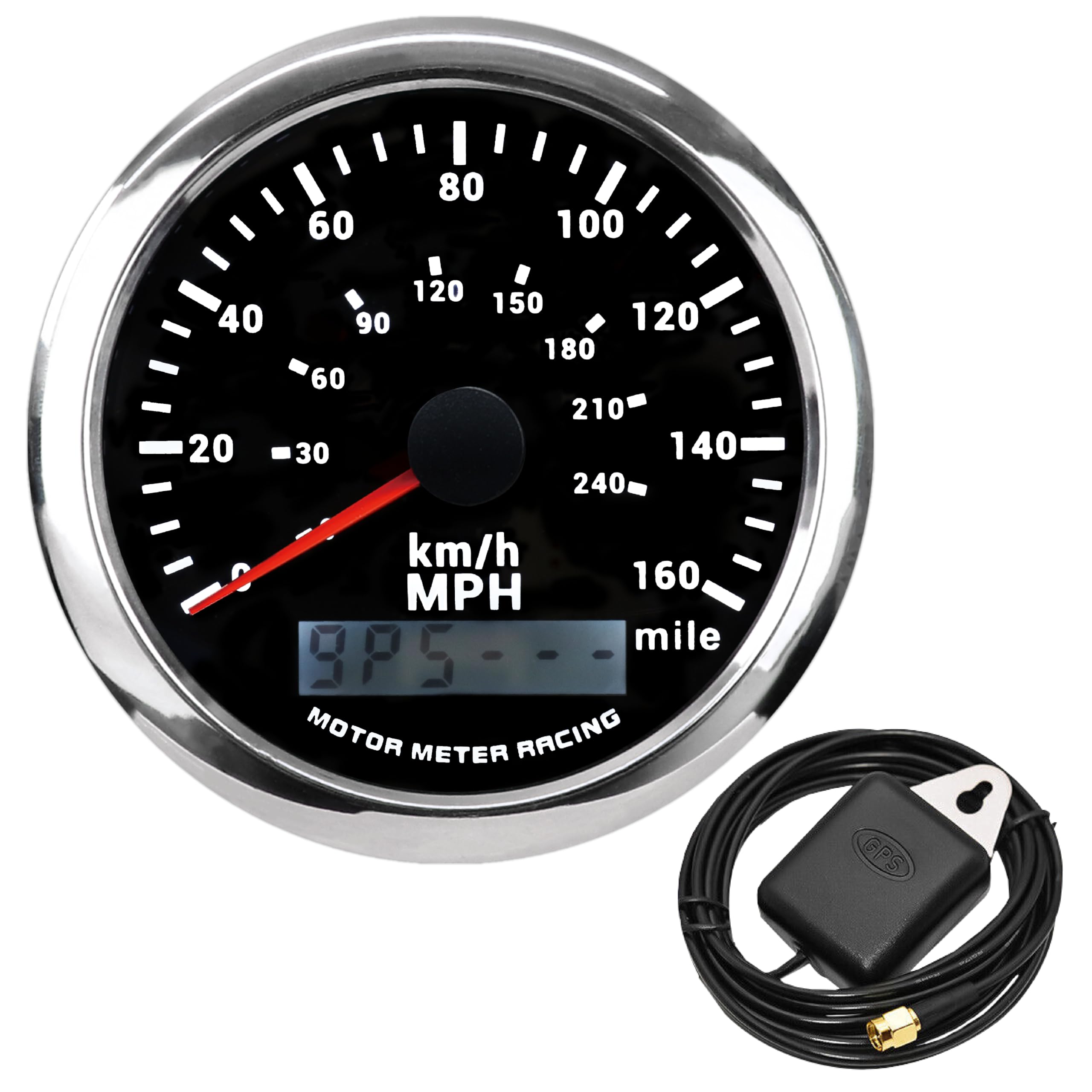 MOTOR METER RACING W Pro 85mm Dual Scale GPS Speedometer Odometer | 3-3/8", 160 MPH/240 KMH, Black Dial, White LED – For Car Motorcycle Truck Marine, Electrical Gauge, 12V, 24V