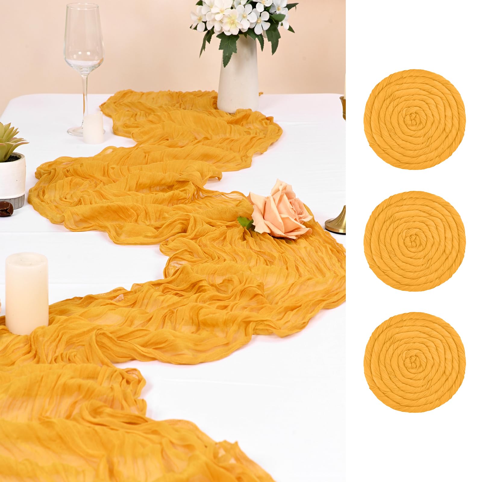 FXKS 3 Pack Mustard Yellow Cheesecloth Table Runners, 35x120 Inch — image 1