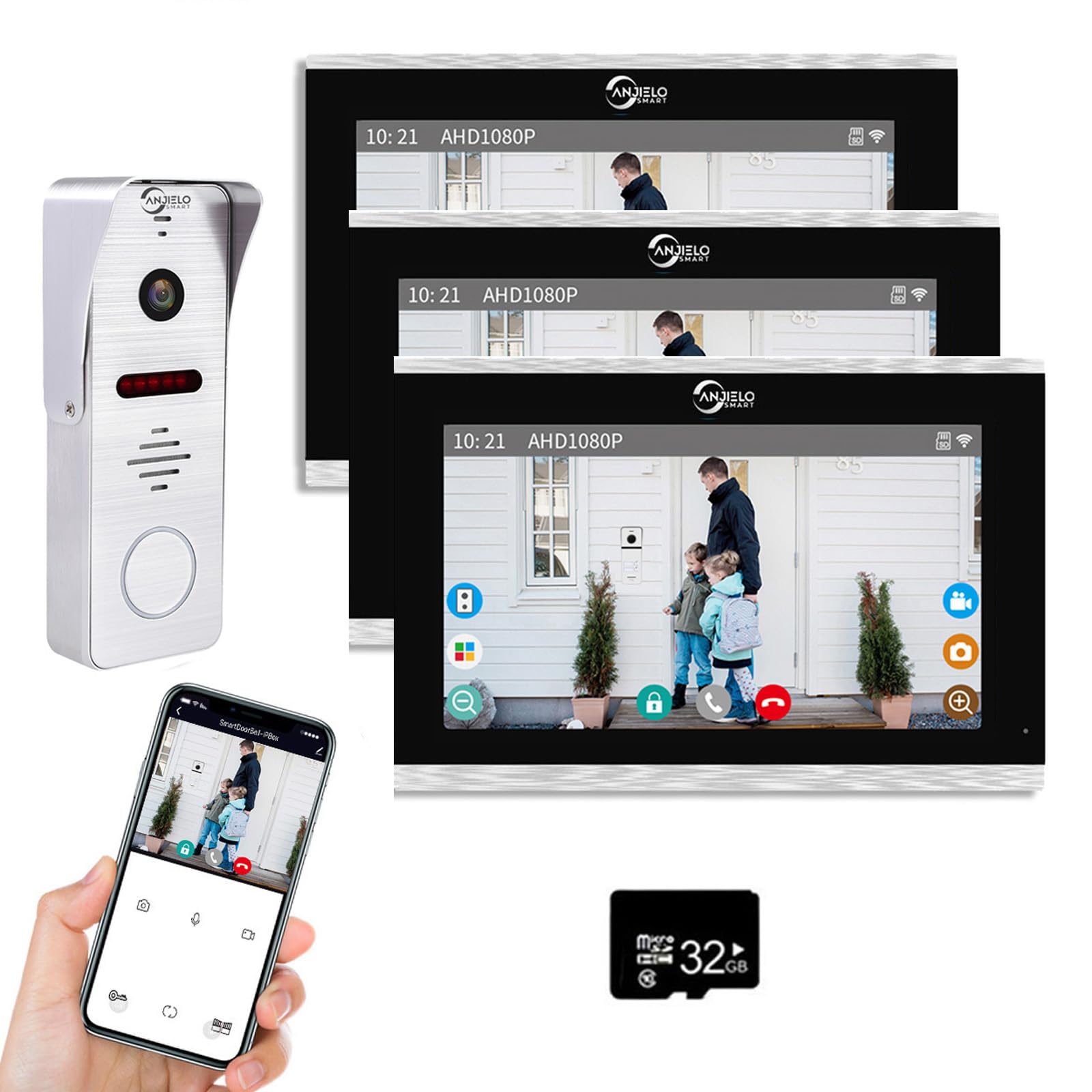 TUYA WiFi Smart Home - Videocitofono cablato, 10 pollici, sistema di monitor touch 1080P, videocitofono, videocitofono TUYA WiFi Smart Home (1 campanello + 3 monitor)