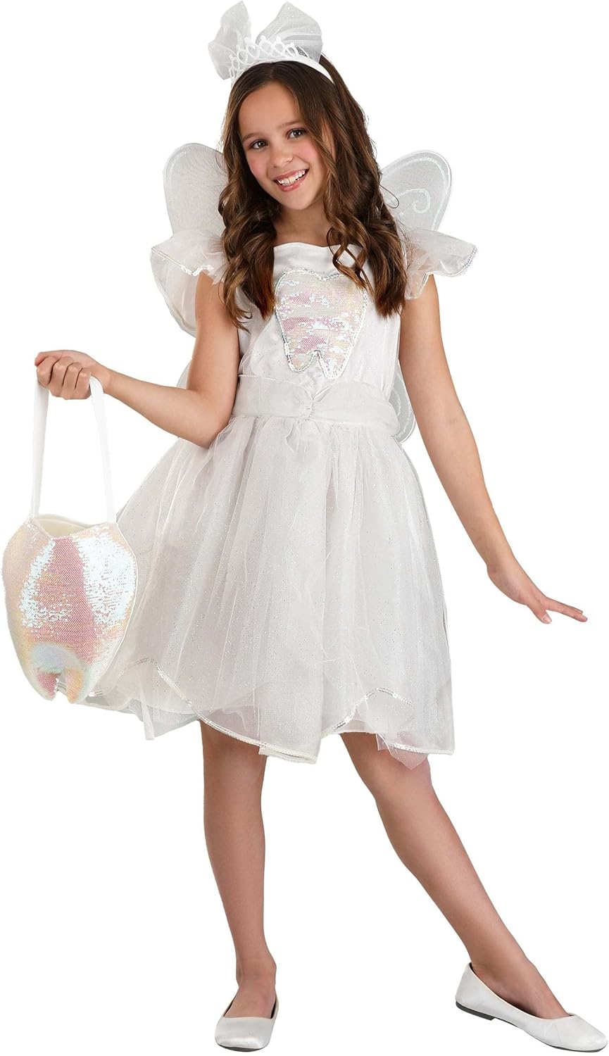 Girls Tooth Fairy Costume, Sweet Tooth Dress, Magical Princess Satin Outfit with Glitter Wings