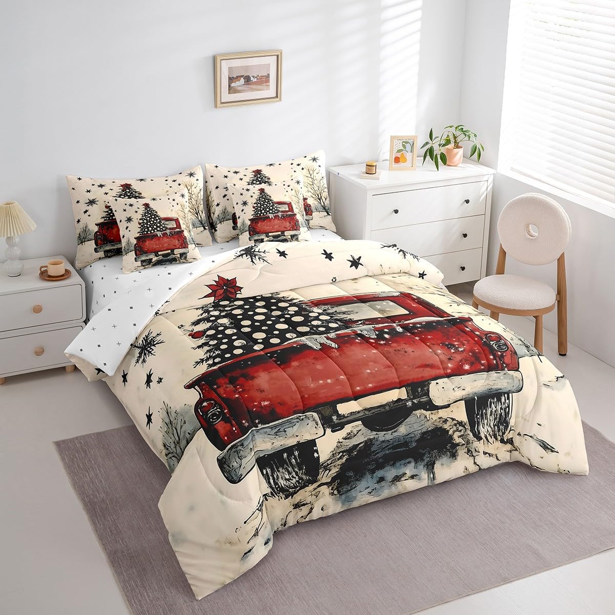 Erosebridal Happy New Year Bed in a Bag Queen 7 Pieces,Xmas Pine Queen Comforter Set Reversible,Watercolor Snowflake Bedding Sets with Comforter,Sheets,Pillowcases & Shams