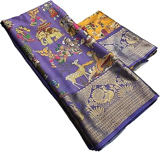 TUSHANA Kalamkari Floral Prints Dola Silk Saree With Woven Zari Border Designer Pallu Attach Blouse Piece