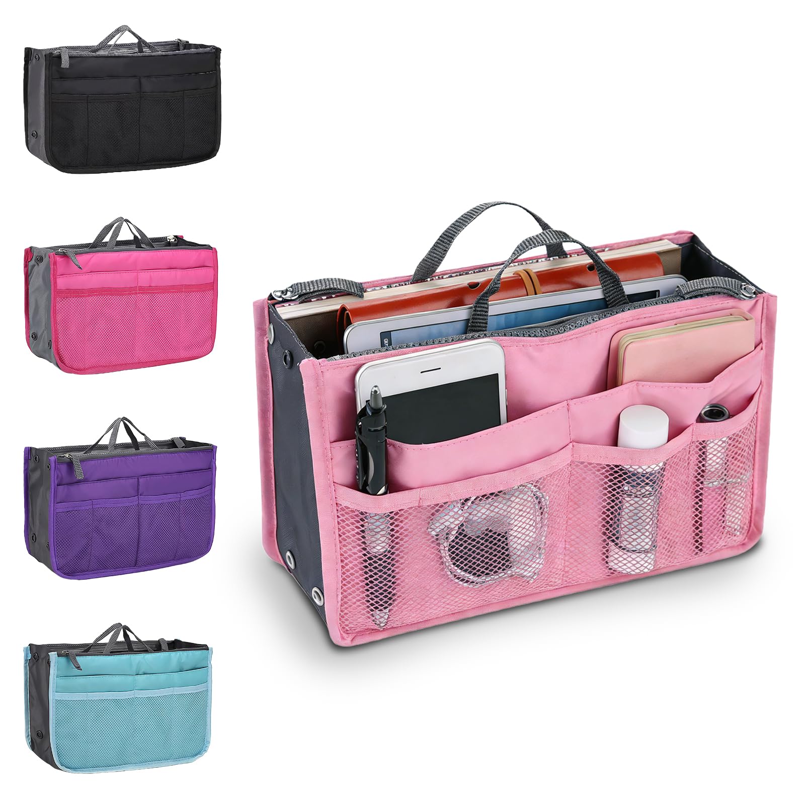 Nbouou Women's Pink Handbag Organiser Insert, Multi-Function Expandable Liner Bag, 13 Pockets Travel Handbag Purse Organiser, Zipper Bag Organiser Tote Bags With Lifting Handle And Multi Pockets For (Pink)
