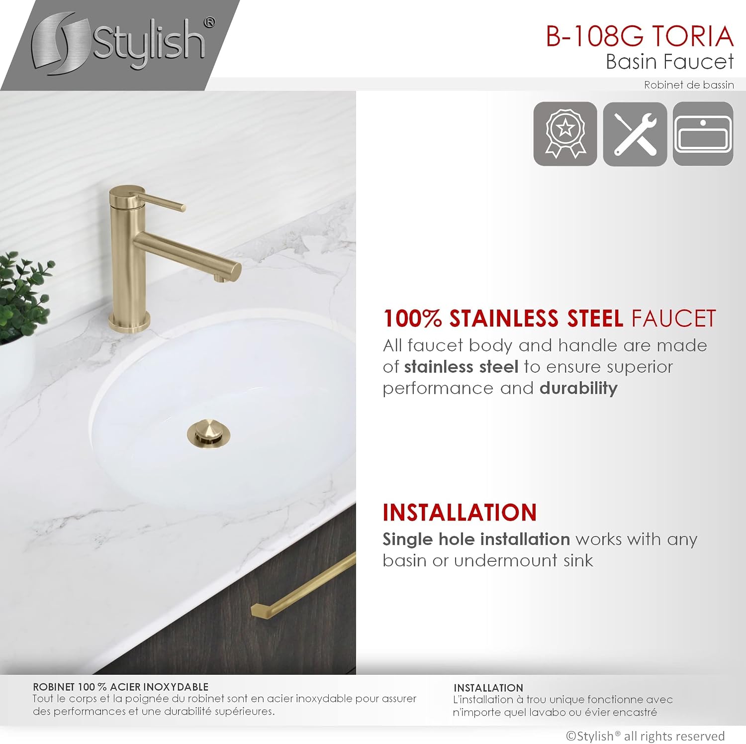Stylish Single Handle Bathroom Faucet Solid Stainless Steel Construction 1 Hole Vanity Sink Faucet Brushed Gold Finish, B-108G