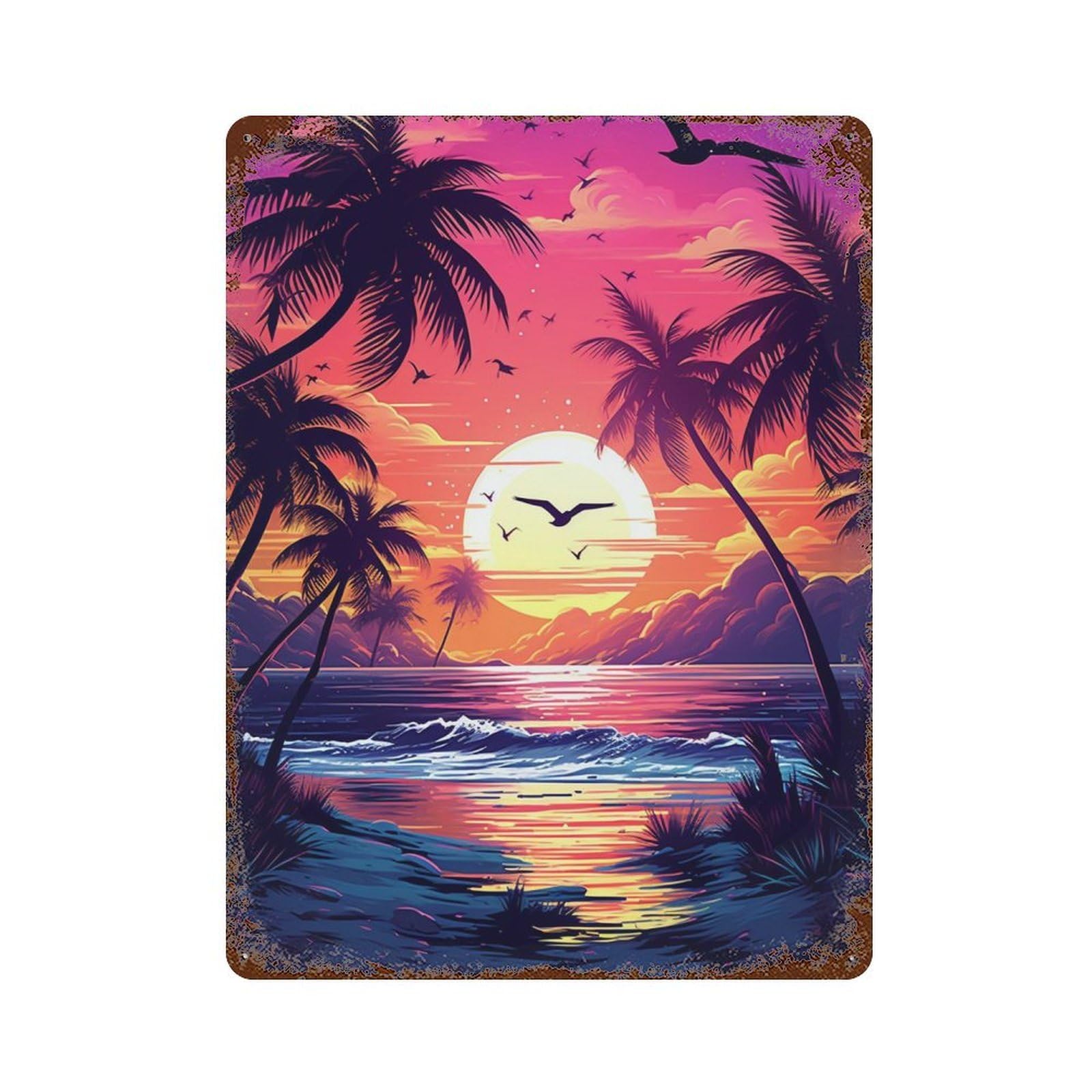 Tropical Sunset Beach Scene-1 Vintage Metal Tin Sign 15.7"x11.8", Farmhouse Wall Decor for Garage, Bar And Workshop Decor