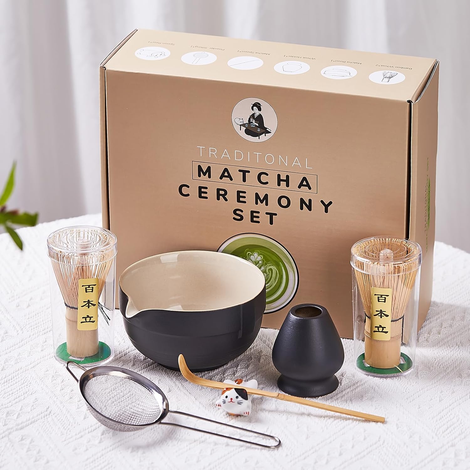 Matcha Whisk Set, Matcha Set Includes 2X Matcha Whisk, Matcha Bowl and Chasen Holder, Bamboo Scoop, Scoop Rest, Sifter - 7 Pcs Matcha Kit for Tea Ceremony, Gift for Matcha Lover (Black)