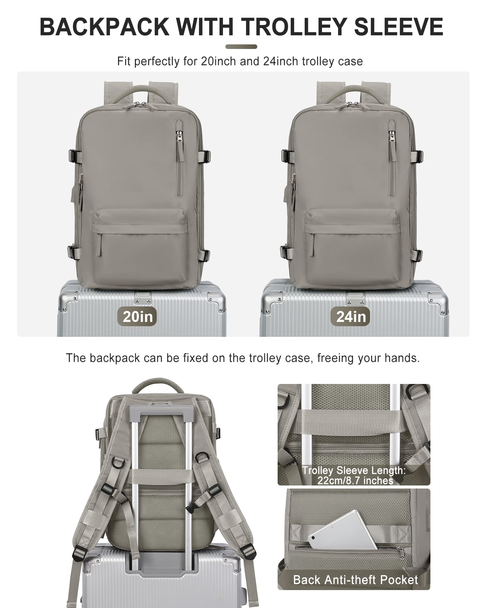 VGCUB Large Travel Backpack,Carry on Backpack for Women Men Airline Approved Gym Backpack Waterproof Business Laptop Daypack,White Brown