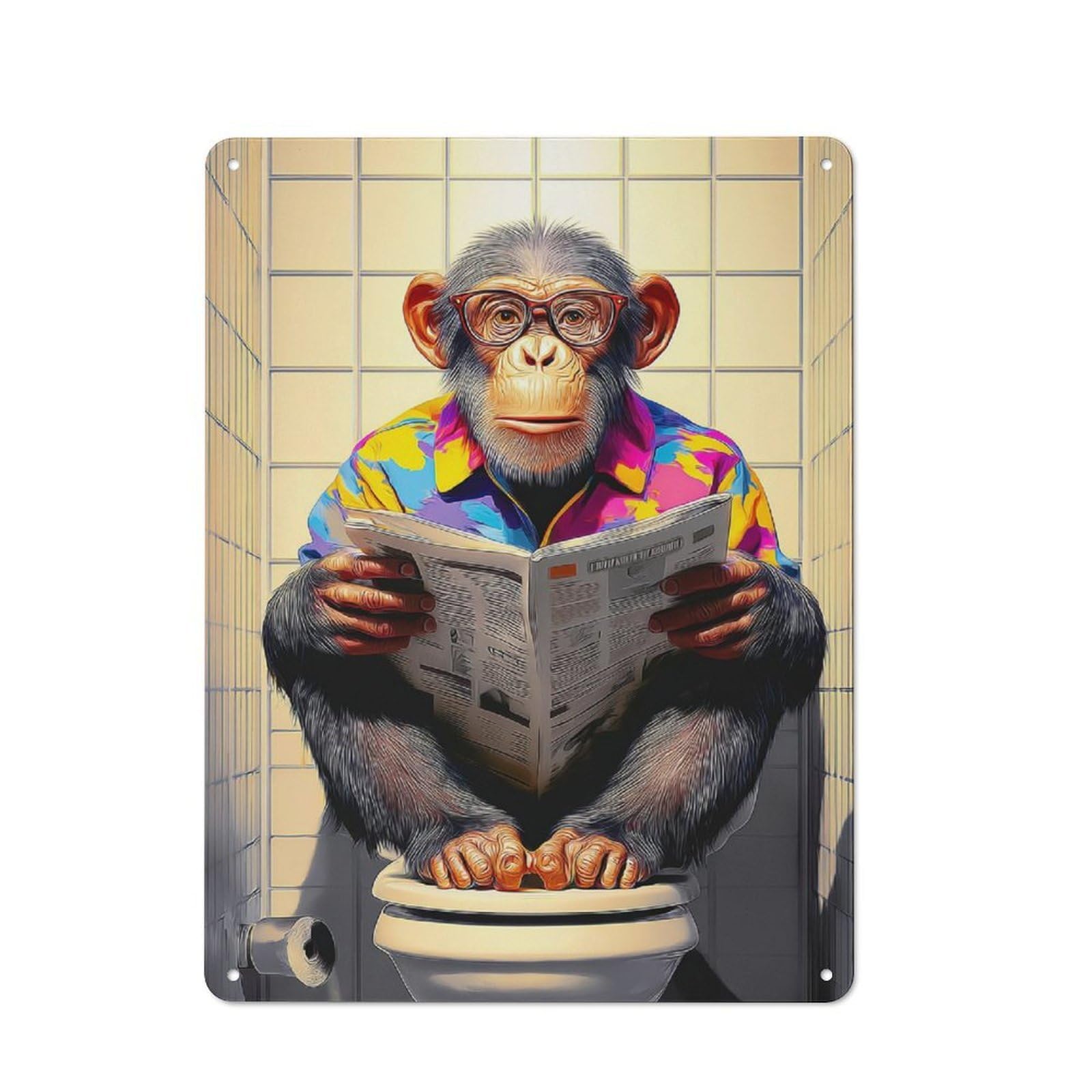 Junmoney Chimp In Colorful Shirt Reading Newspaper Tin Sign 40X30cm With For Workshop Wall, Vintage Decor, Gift For Workshop Decor Fans During The Christmas Season