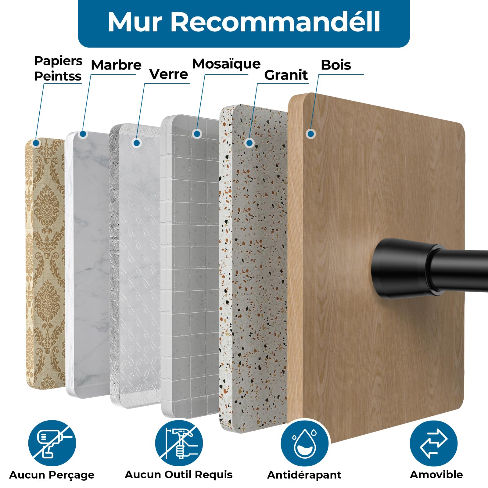 AIZESI tringle rideau sans percage 74.5-163 cm Tringle Rideau Extensible - Barre Telescopique Acier Inoxydable Noir pour Salle de Bain, Fenêtre, Porte, Penderie (diamètre 22 mm)