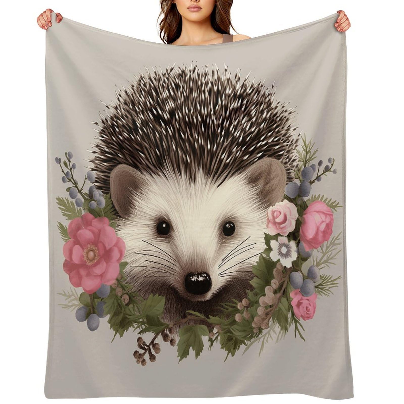 Hedgehog in Floral Wreath Throw Blanket for Couch and Bed Super Soft Warm Lightweight Throw Blankets Cozy Fuzzy Flannel Blanket Personalized Decorative Blankets for Sofa Decor 50"x60"