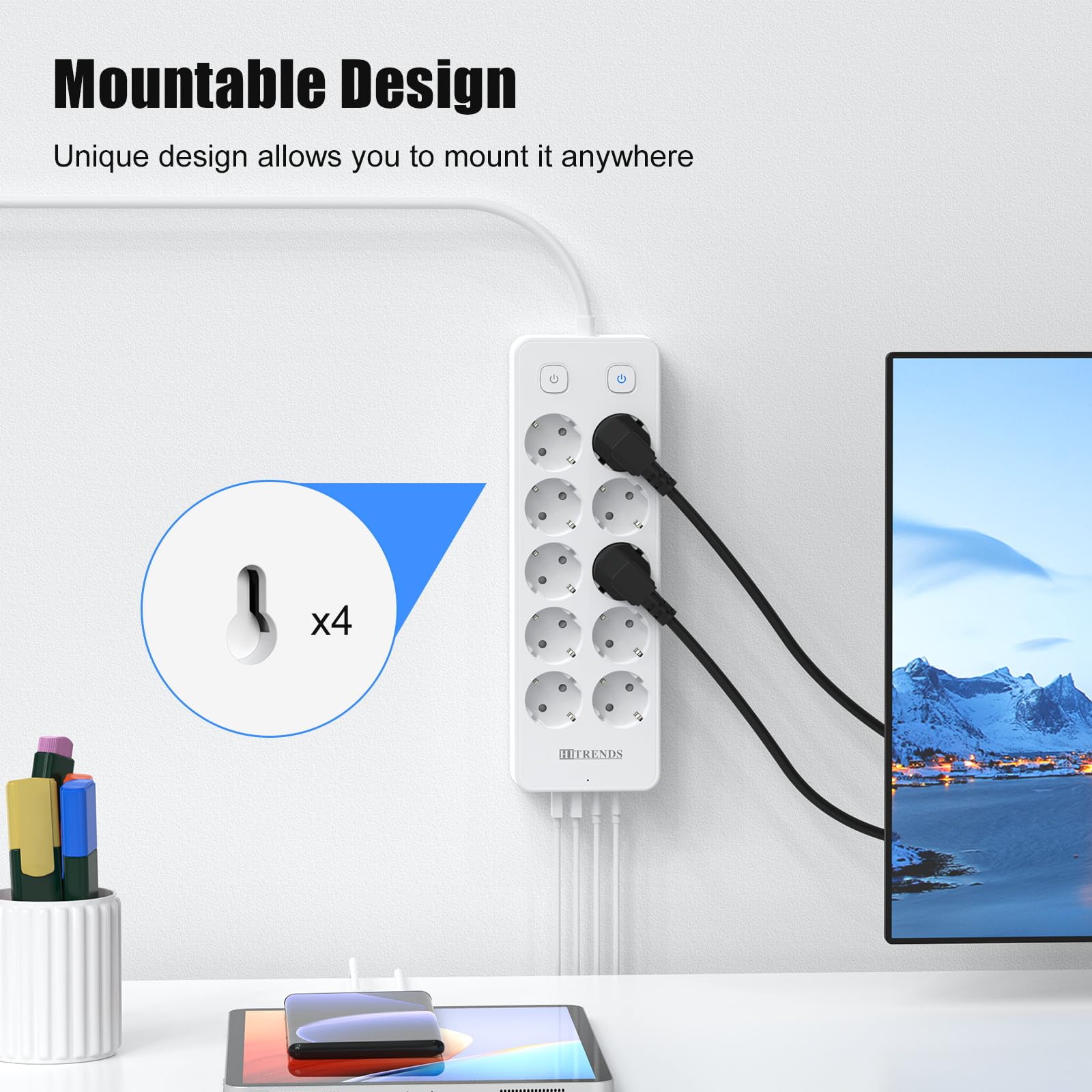 Ciabatta elettrica 10 prese, con 2 USB-A+ 2 USB-C (PD20W), presa con 2 interruttori, presa di distribuzione 230 V, spina multipla 2 m, per casa, scuola, ufficio (bianco)