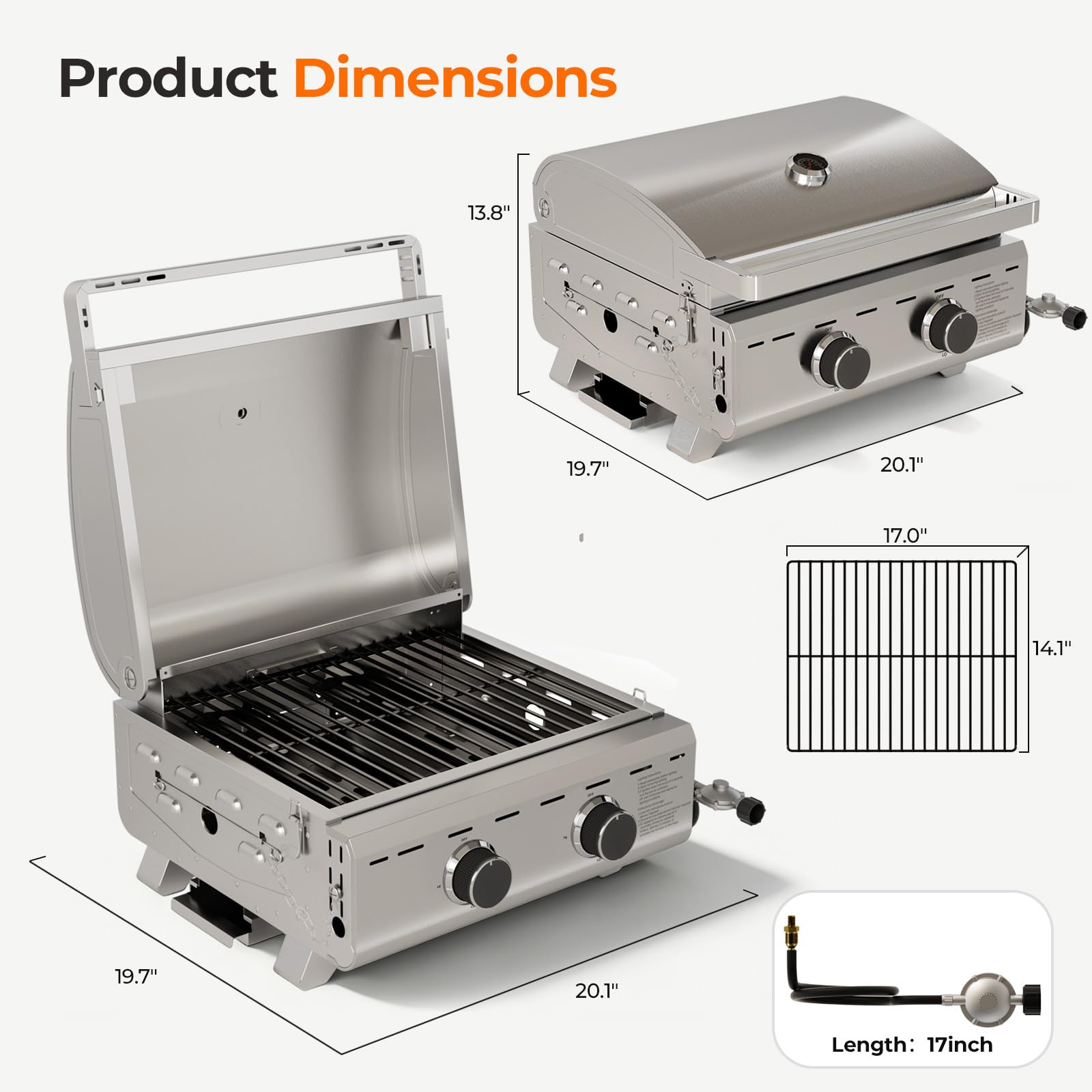 Electactic Barbecue a gas portatile, 16.000 BTU, griglia a propano a 2 fuochi con 251 metri quadrati di superficie di cottura, griglia in acciaio inox con gambe pieghevoli, facile da usare