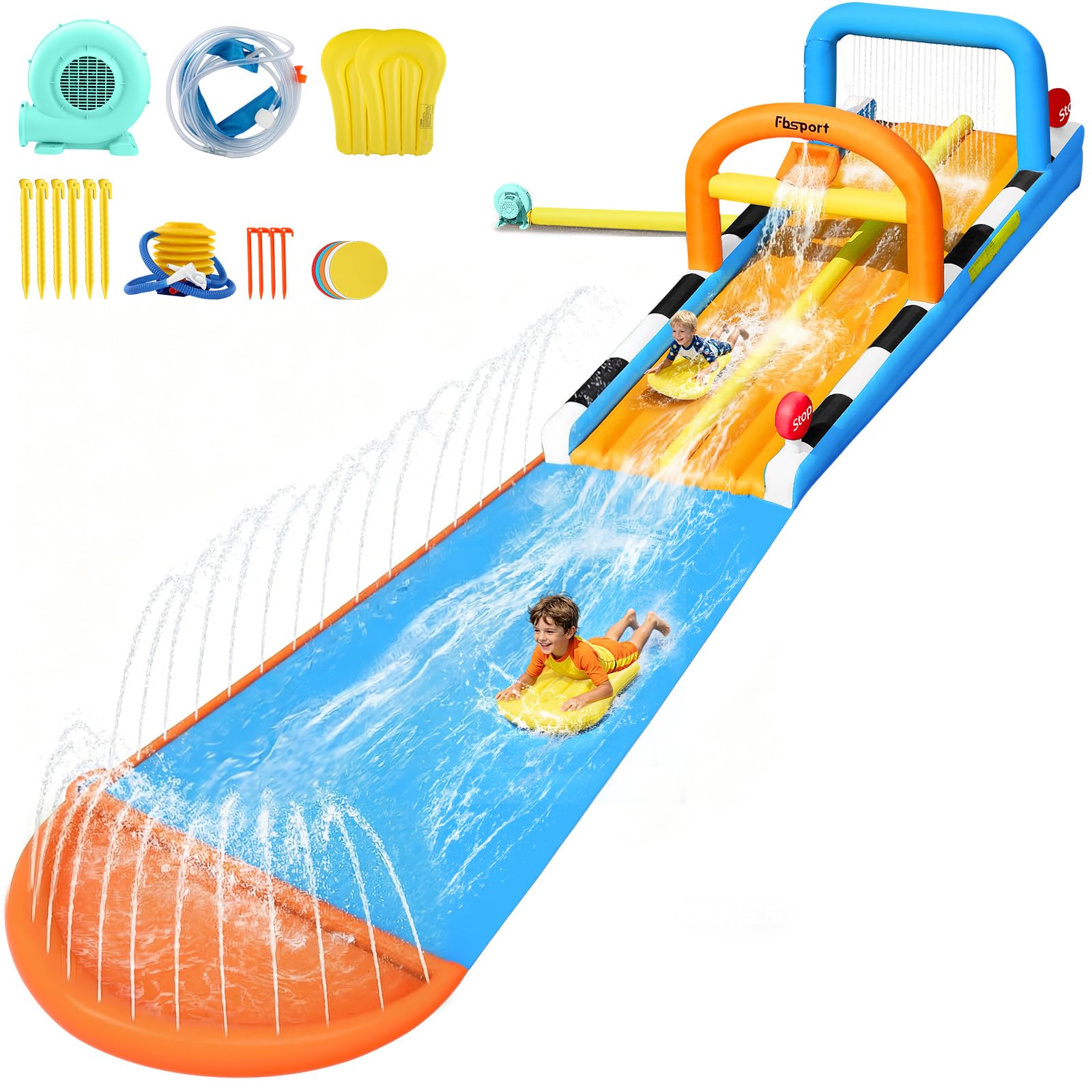 FBSPORT 10M Castillo Hinchable para Niños, Tobogán Acuático de 2 Carriles, Parque Acuático Hinchable para Jardín con Aspersores y 2 Tablas, Juguete de Verano Infantil Global Recycled Standard Global Recycled Standard Global Recycled Standard