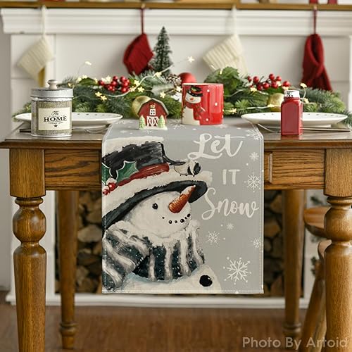 Miniatura 7 de Artoid Mode Camino de mesa de Navidad con muñeco de nieve plateado Let It Snow, decoración de mesa de comedor de cocina de invierno para decoración