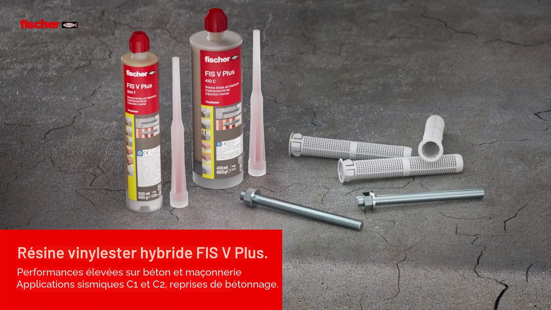 Fischer FIS V PLUS 410C - Ancrage chimique structurel pour béton et maçonnerie, cartouche de 410 ml avec 2 mélangeurs, pour pistolet à silicone, résine hybride haute performance