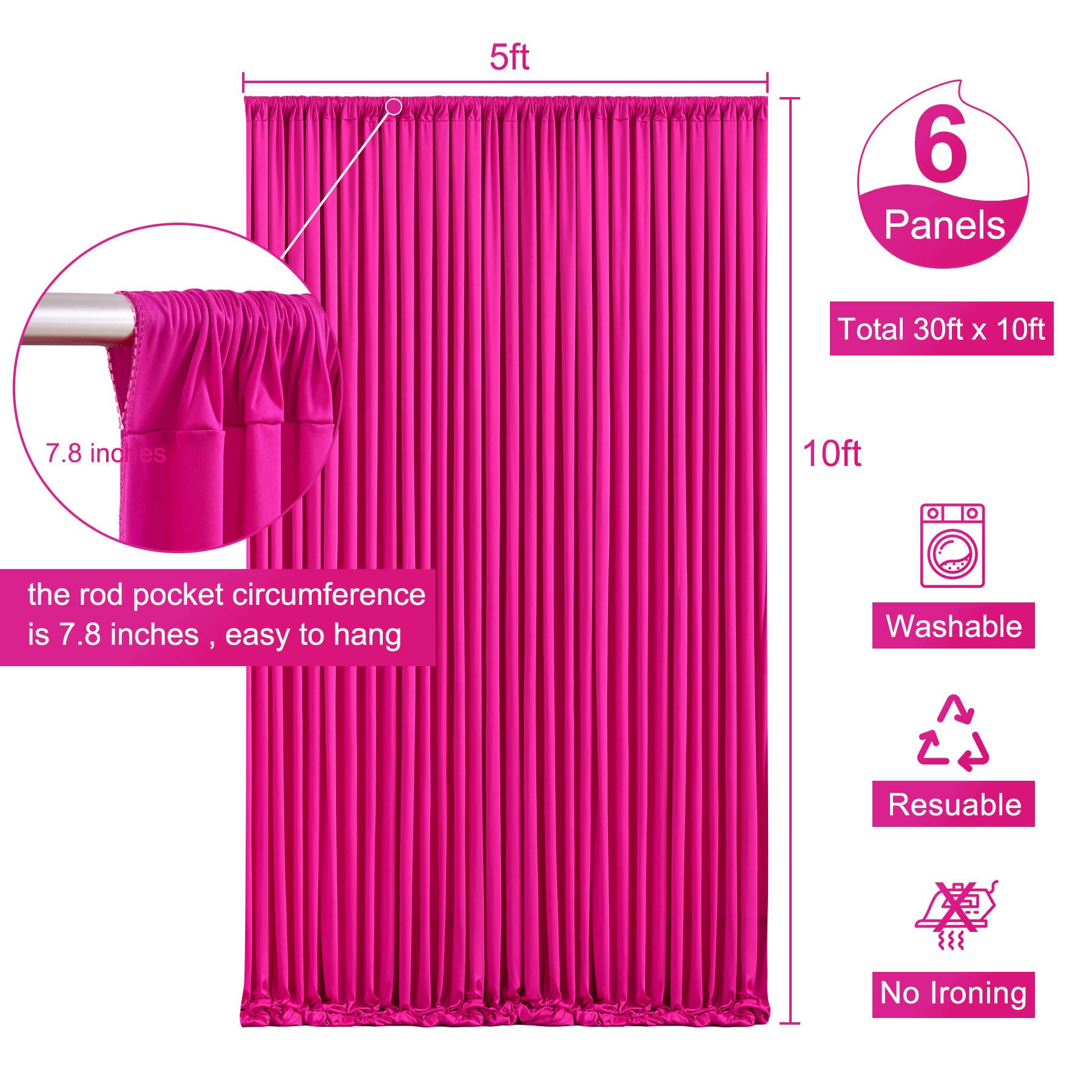 Suppromo 6 Panels Hot Pink Backdrop Curtain for Parties Fuchsia Wrinkle Free 30ft x 10ft Backdrop Drapes Panels for Baby Shower Birthday Photo Photography Fabric Background Decoration — view 5