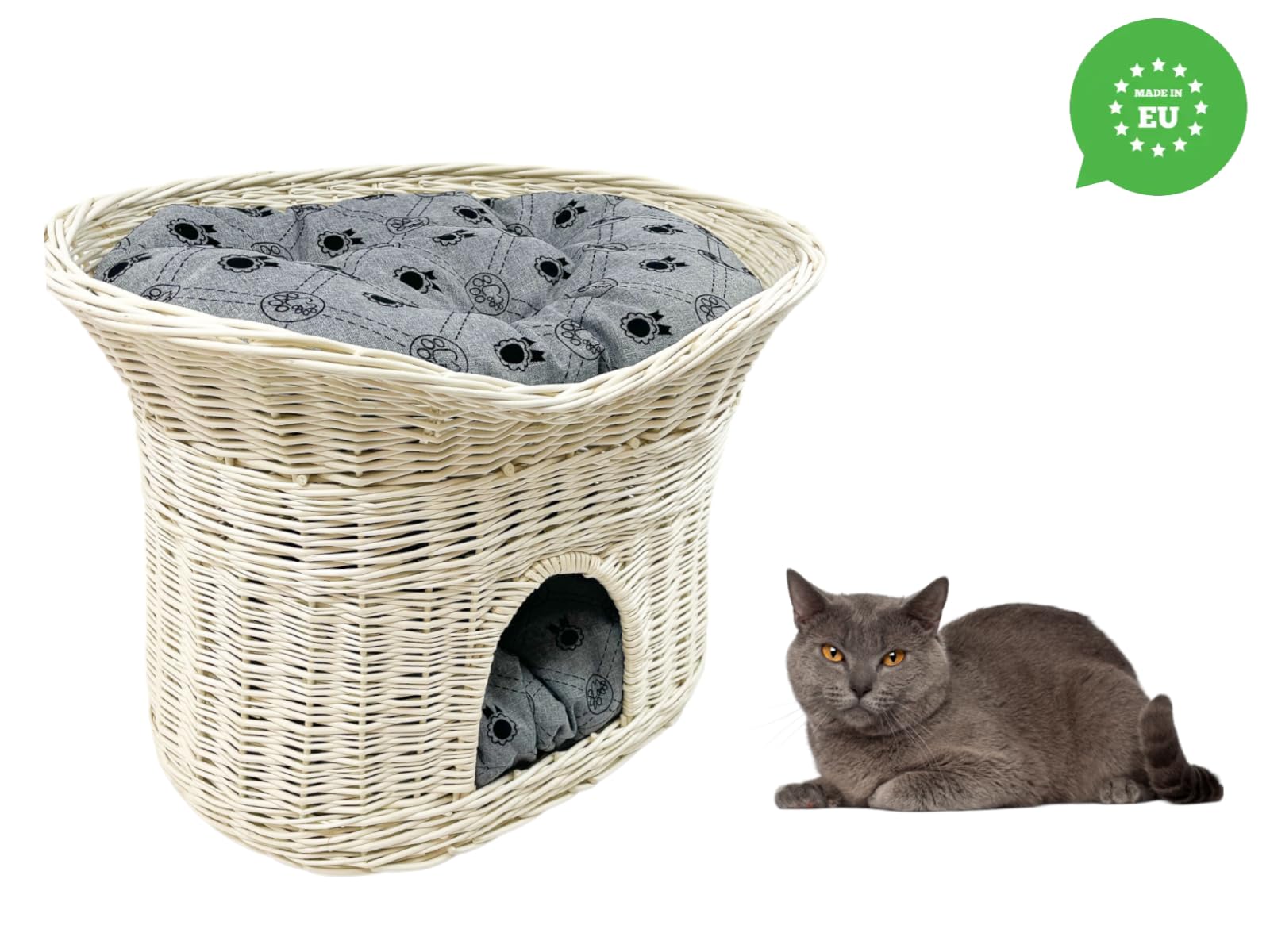 Katzenkorb zum Schlafen – Katzenhütte Indoor – Größe L: 60 cm oval – Katzenhöhle aus Weide – Zweistöckiger Hunde – oder Katzenbett mit waschbaren Kissen in Graue – Weiße korbfarbe