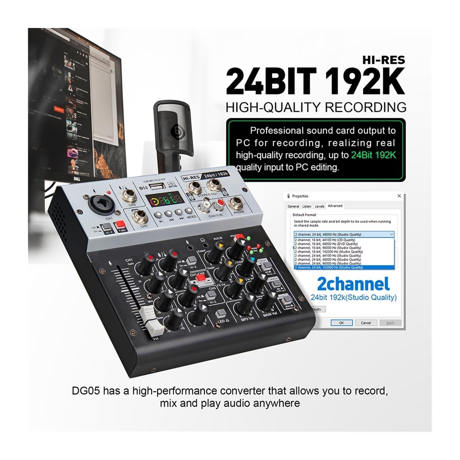 Mezclador de audio, Tarjeta de sonido con interfaz monitorización, calidad estudio, 24 bits, 192kHz, 5.0 BT, for PC, grabación en vivo guitarra eléctrica y canto