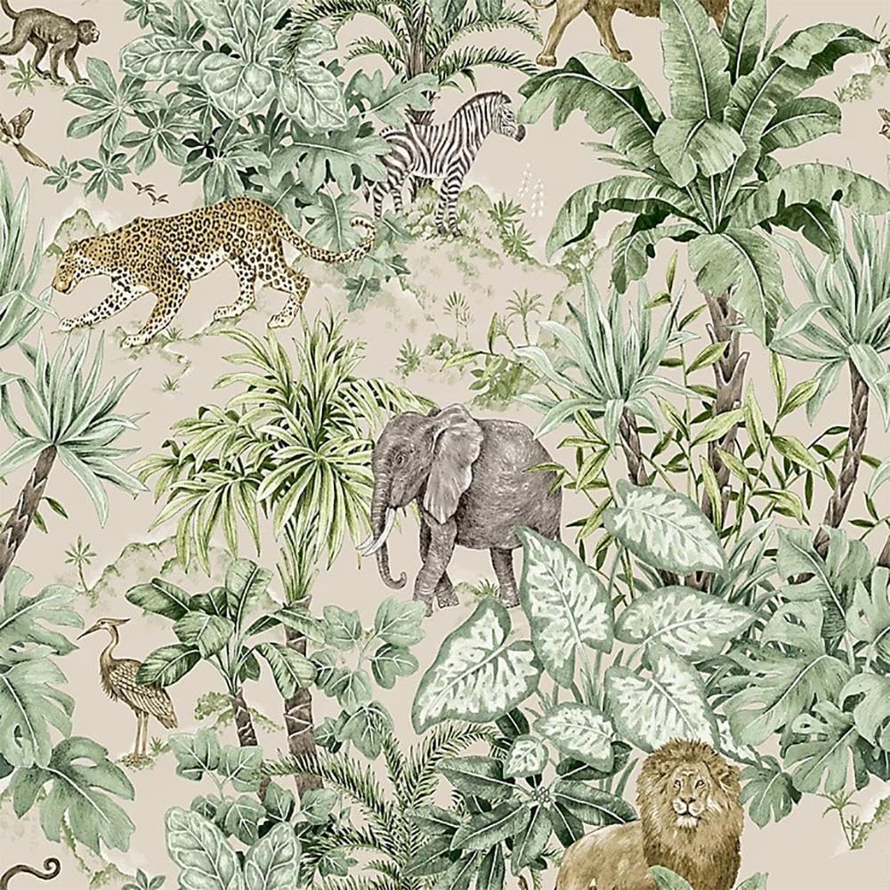 Yöl Green Safari Wallpaper - Animal Print Zebra Monkey Lion Elephant Leopard - Tropical Jungle Botanical Leaf - Feature Wall