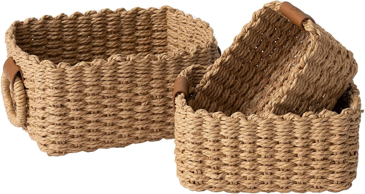LA JOLIE MUSE Small Wicker Baskets for Organizing, Desert 3 Pack | Decorative Organizer with Vegan Leather Tag, Round Handle, Storage Baskets for Shelves, Bedroom, Kitchen, Office and Home