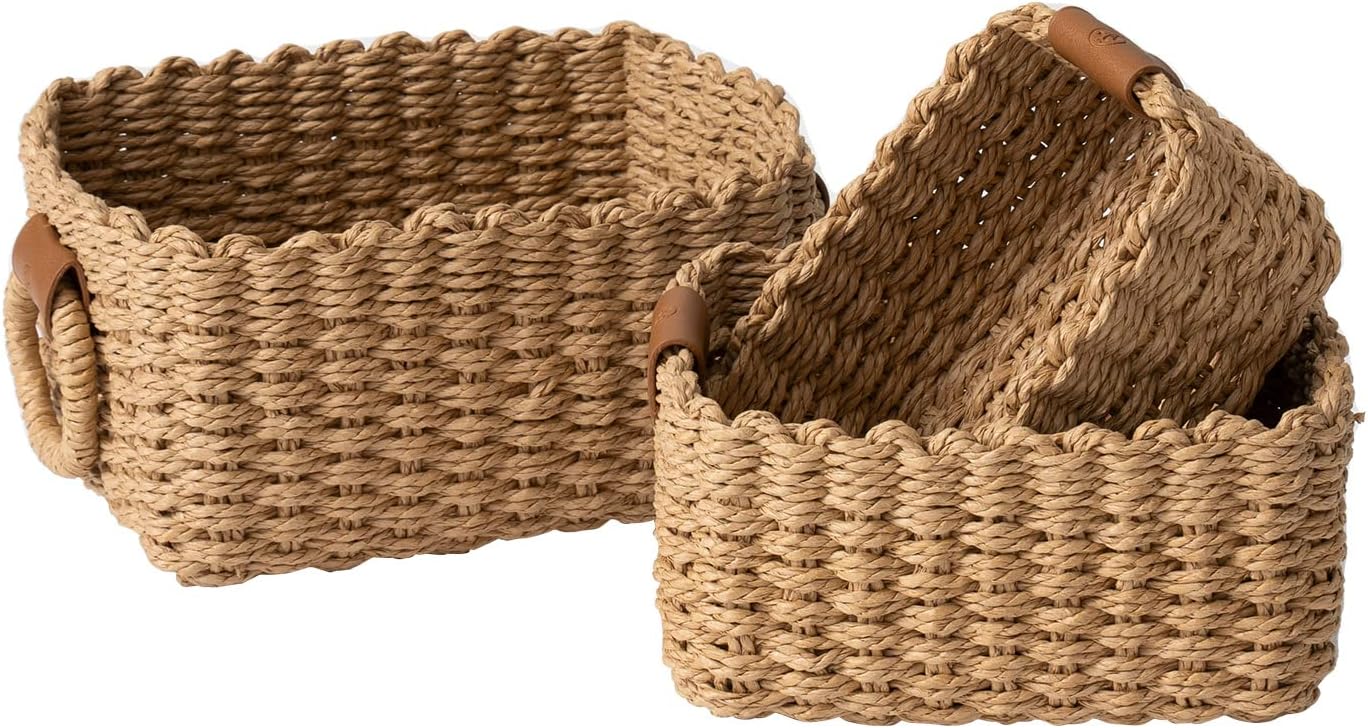 LA JOLIE MUSE Small Wicker Baskets for Organizing, Recycled Paper Rope Storage Basket Container Bins for Shelves Bathroom Cupboards Drawer, Decorative Square Basket Organizer Set of 3