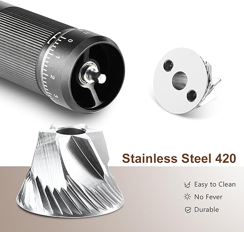 Miniatura 2 de Suvykep molinillo de café manual, molinillo de café de rebabas cónicas de 6 estrellas de acero inoxidable CNC manual. Ajustes de molienda ajustables