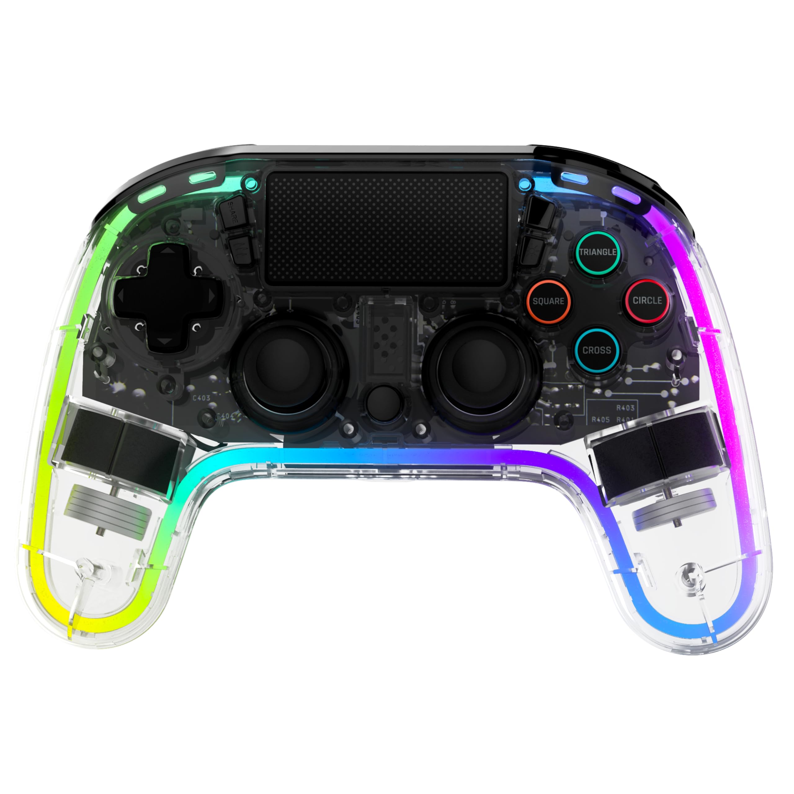 Snakebyte GAMEPAD RGB 4 - transparenter Wireless Controller für PlayStation 4, einstellbare RGB-Beleuchtung, starker Akku, belegbare Zusatztasten