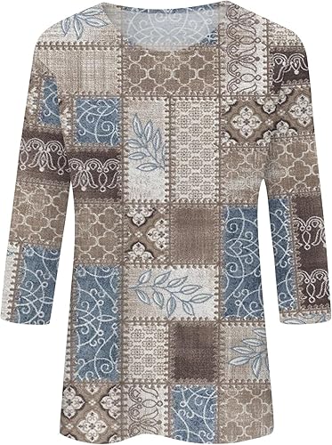 Miniatura 2 de Camiseta de manga 34 para mujer, cuello redondo, estampado floral, casual, holgada, básica, ajuste holgado