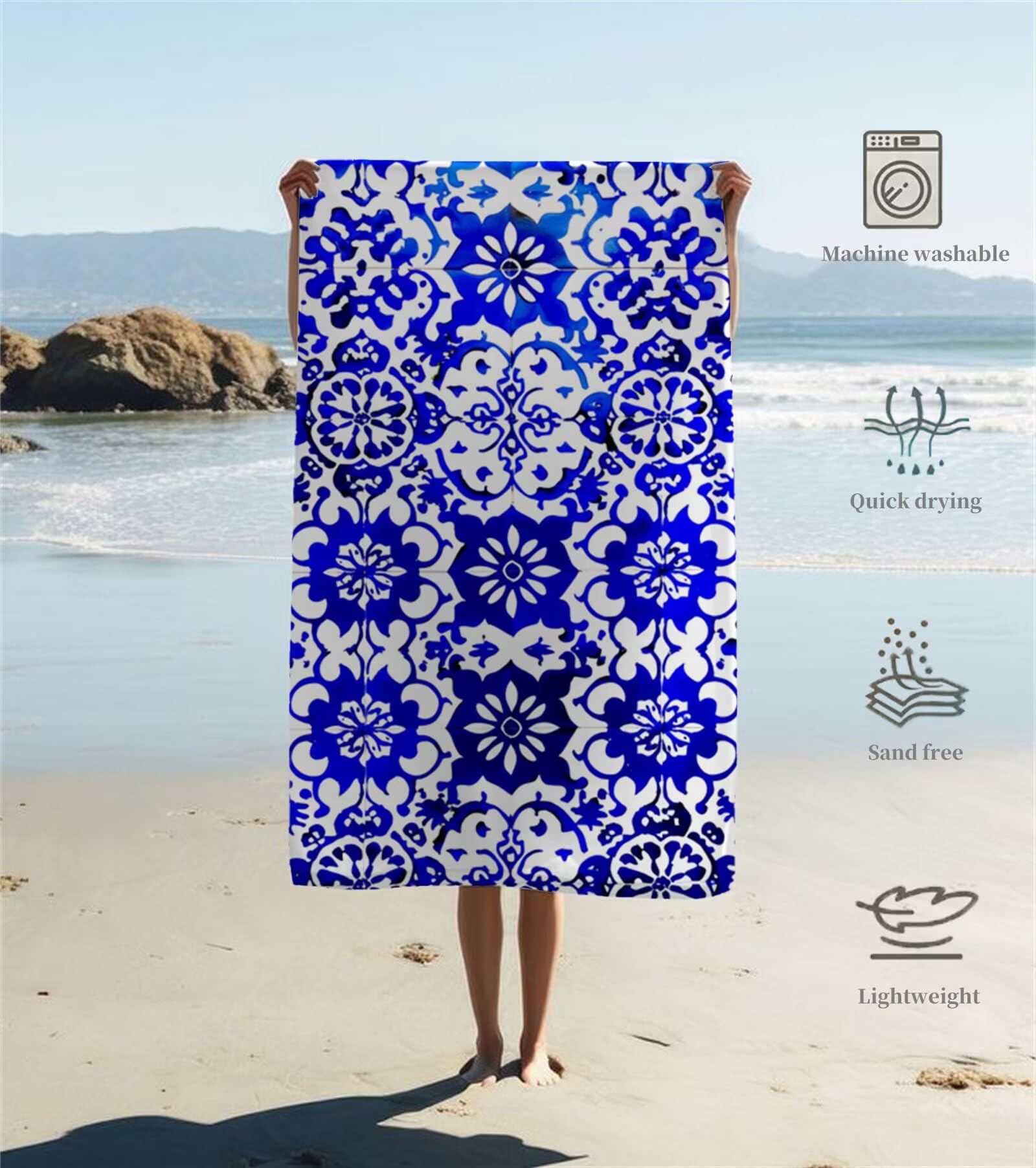 Strandtuch Blaues Mandala Mikrofaser Handtuch Groß 220 x 100 cm,Saunahandtuch Schnell Trocknendes,Sandfreie Stranddecke,Saugfähiges Badetuch,Platzsparende Reisehandtuch,Strandurlaub Must Haves Y1-41