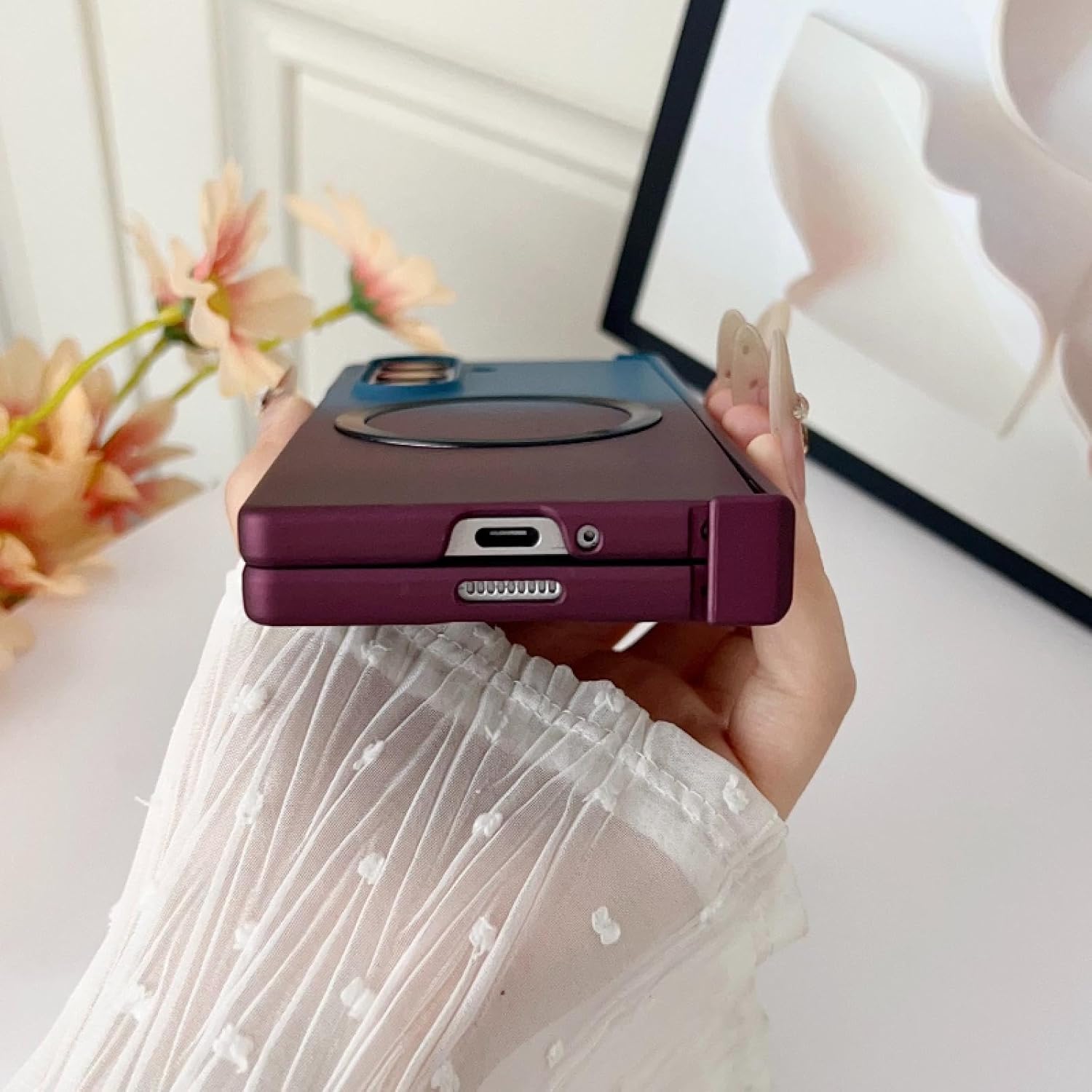Case for Samsung Z Fold 5 Skin Feel Gradient Magnetic Splice Color Shockproof Protection Bumper Hard Cover(for Samsung Z Fold 5/Purple-Gray)