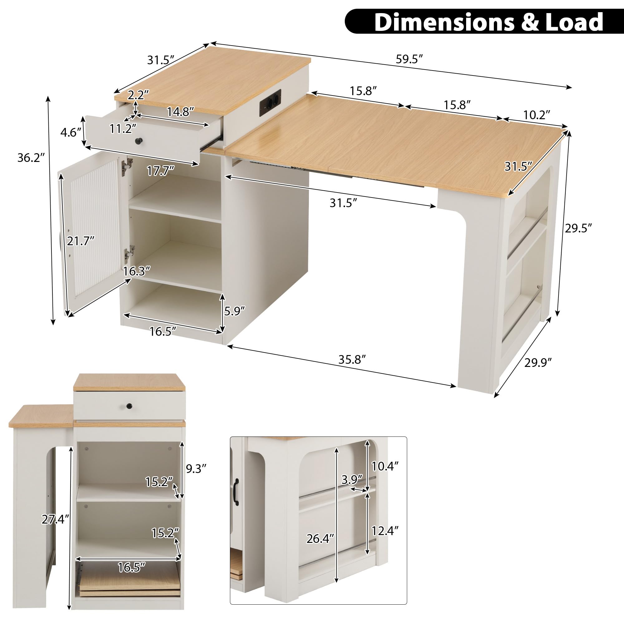 Bladez Isola da cucina con ruote, tavolo da pranzo estensibile con piano rimovibile, tavolo da bar con prese elettriche e spazio di archiviazione, credenza con ante in vetro per cucina e sala da